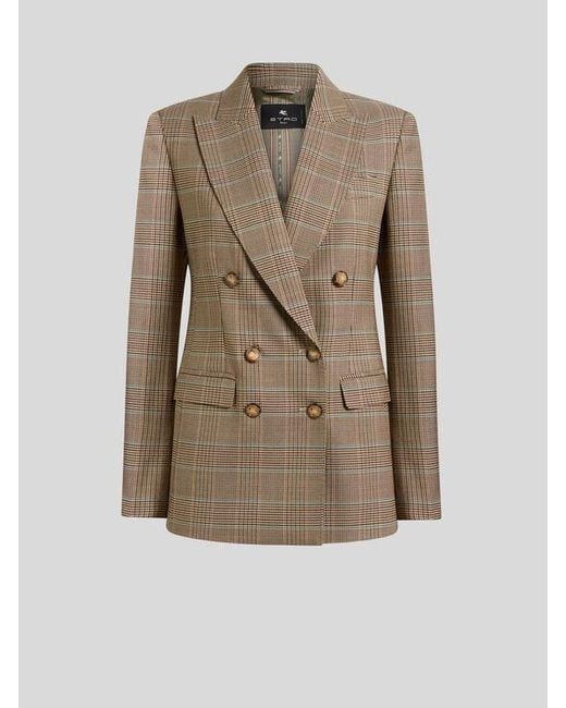 Etro Natural Double-Breasted Stretch Wool Jacket With Prince Of Wales Motif
