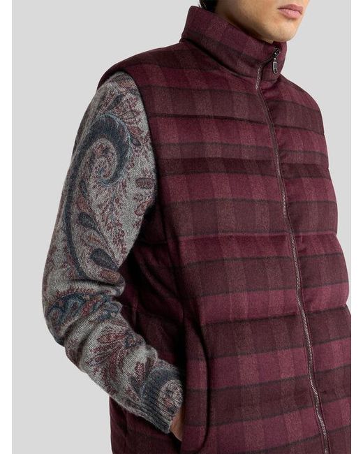 Etro Red Wool And Cashmere Down Gilet With Check Motif for men