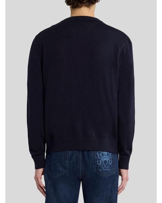 Etro Blue Wool Jumper With Octopus And Logo for men