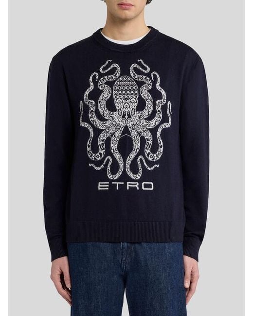 Etro Blue Wool Jumper With Octopus And Logo for men