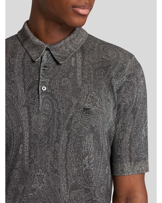 Etro Gray Knit Polo-Shirt With Paisley Print for men
