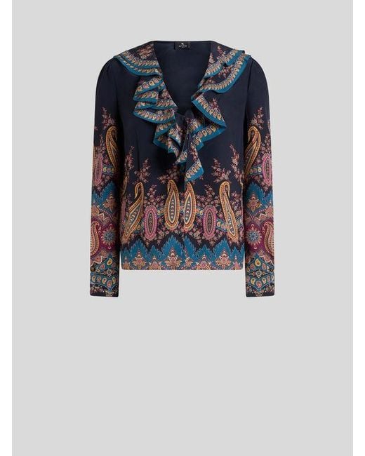 Etro Blue Silk Shirt With Placed Print