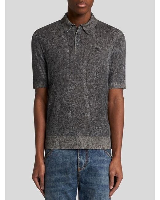 Etro Gray Knit Polo-Shirt With Paisley Print for men