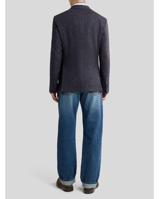 Etro Blue Single-Breasted Wool-Blend Bouclé Jacket for men