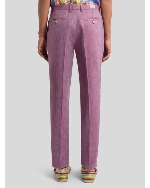 Etro Purple Slub Linen-Blend Trousers for men