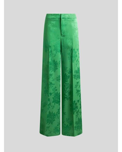 Etro Green Wide-Leg Jacquard Trousers With Floral Motif