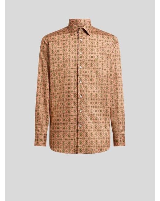 Etro Brown Cotton Satin Shirt With Medallion Motif for men