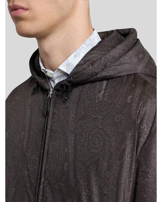 Etro Black Padded Bomber Jacket With Hood And Arnica Motif for men
