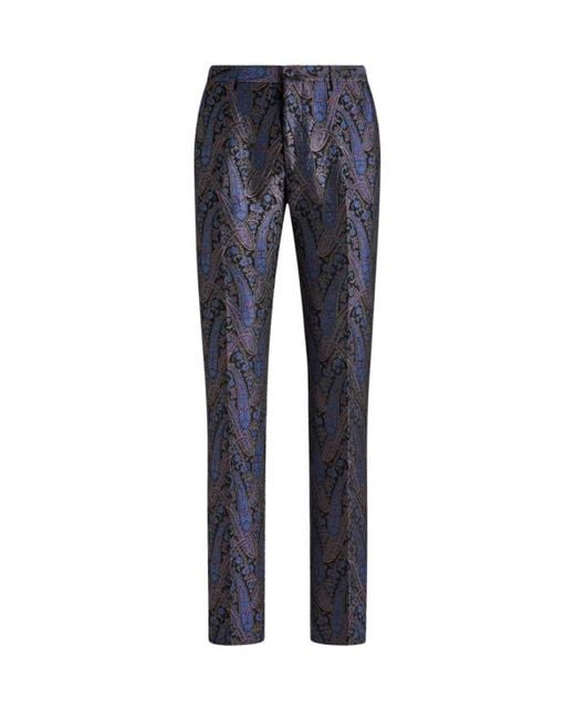 Etro Blue Chenille Jacquard Trousers With Metallic Paisley Motif for men
