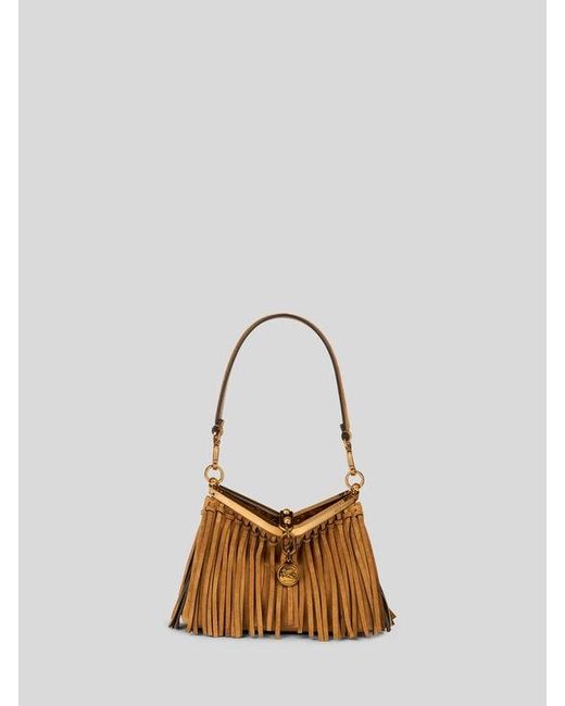 Etro Natural Small Suede Vela Bag With Fringing