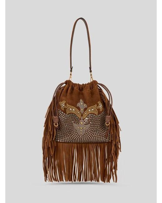 Etro Brown Medium Suede Kalispera Bag With Studs And Fringes
