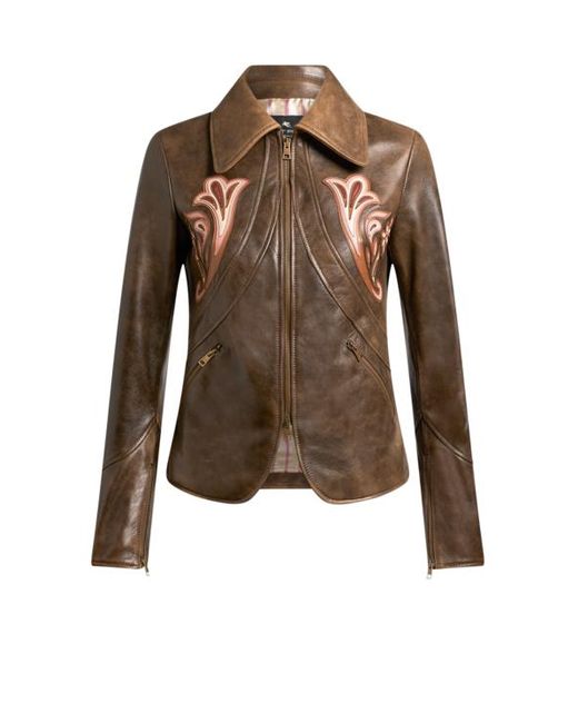 Etro Brown Leather Jacket With Inlays