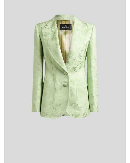 Etro Green Single-Breasted Jacquard Jacket With Floral Motif