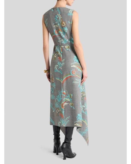 Etro Green Asymmetric Wool-Blend Midi Dress With Daffodil Print