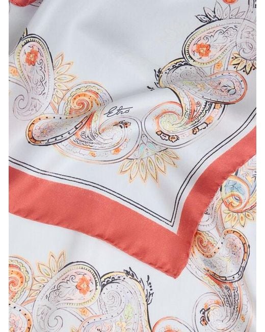 Etro White Silk Scarf With Logo And Floral Paisley Motif
