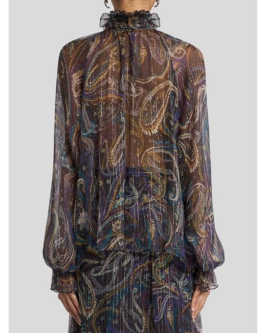 Etro Brown Silk Blouse With Paisley Foliage Motif