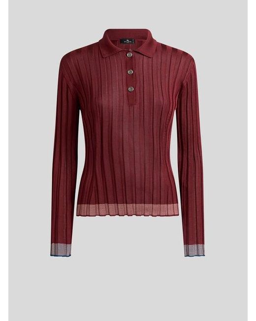 Etro Red Ribbed Polo Shirt With Pegaso Buttons