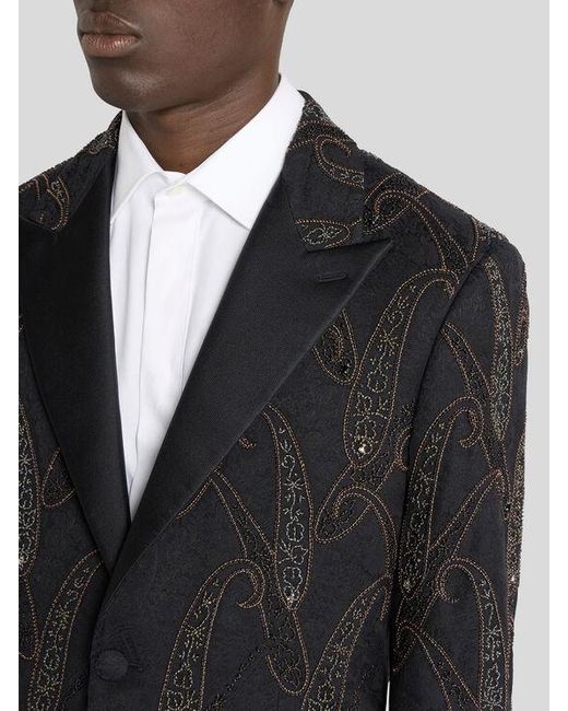 Etro Black Single-Breasted Stretch Cotton-Blend Jacquard Jacket With Paisley Embroidery for men