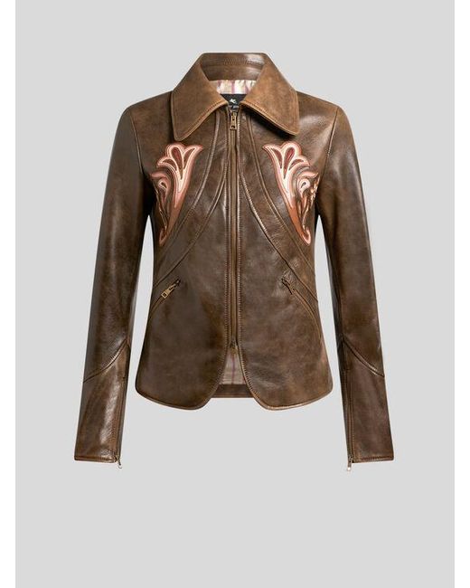 Etro Brown Leather Jacket With Inlays
