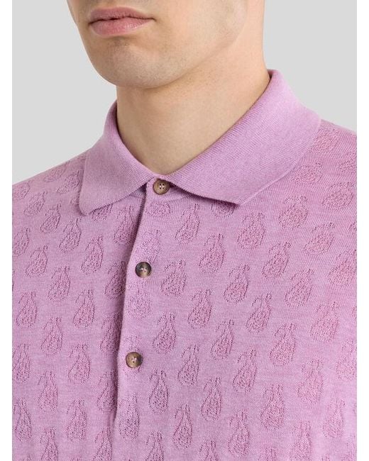 Etro Pink Knit Cotton Polo Shirt With Micro Paisley Motif for men