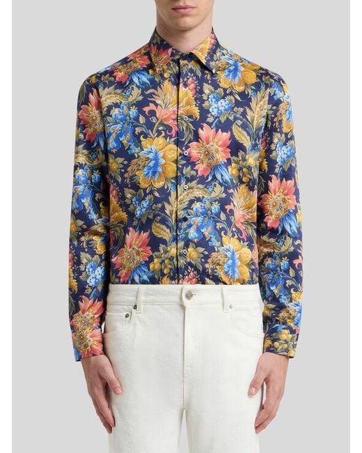 Etro Blue Cotton Satin Shirt With Floral Motif for men