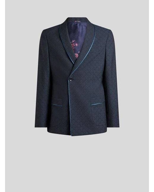 Etro Blue Single-Breasted Wool Jacquard Jacket With Shawl Collar And Micro Palm Motif for men