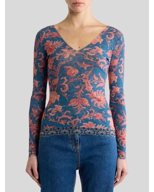 Etro Blue Stretch Tulle Sweater With Floral Motif
