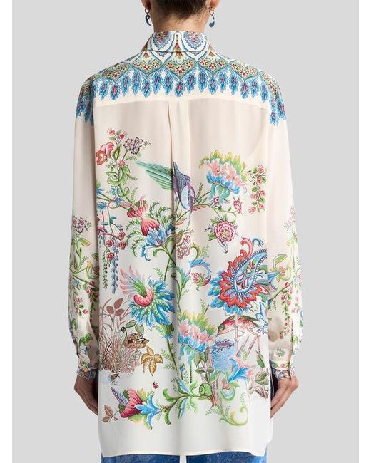 Etro White Long Silk Shirt With Placed Floral Print