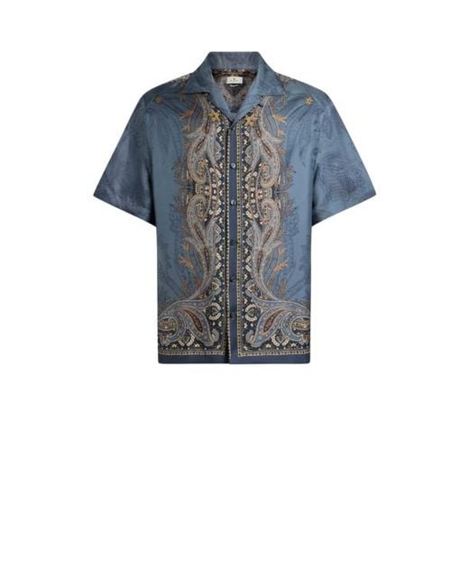 Etro Blue Silk Bowling Shirt With Placed Pegaso Print for men