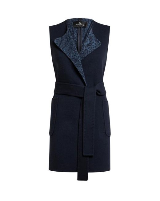 Etro Blue Long Wool And Cashmere Jacquard Waistcoat
