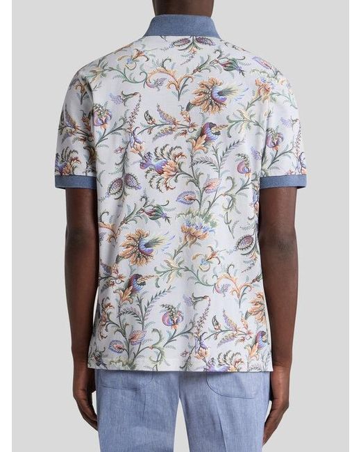 Etro Blue Cotton Polo Shirt With Floral Motif for men