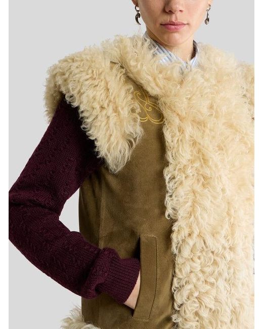 Etro Natural Shearling Waistcoat With Peacock Embroidery