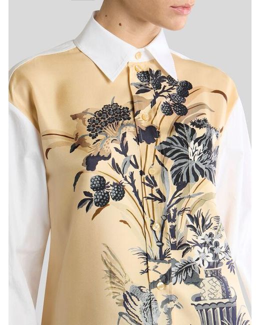 Etro White Cotton And Silk Shirt With Placed Floral Print On The Front