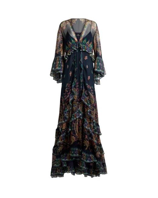 Etro Black Long Silk Dress With Placed Floral Paisley Print