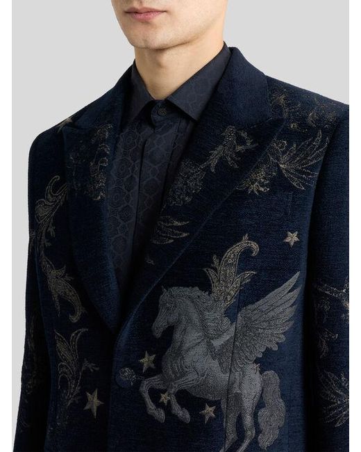 Etro Blue Chenille Jacquard Single-Breasted Jacket With Pegaso Motif for men