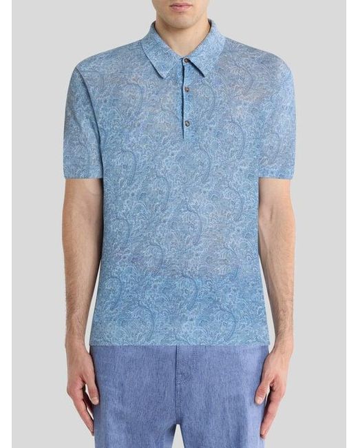 Etro Blue Linen-Blend Polo Shirt With Floral Motif for men