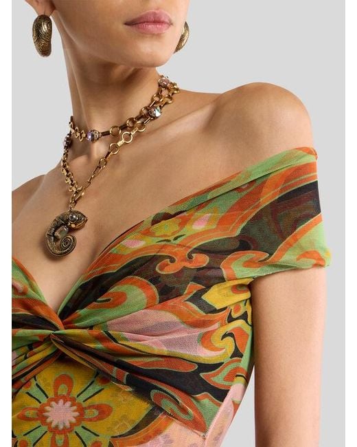 Etro Multicolor Tulle Bodysuit With Open Shoulders And Placed Floral Print