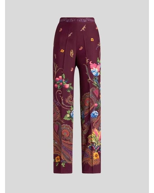 Etro Red Silk Trousers With Micro Motif And Placed Floral Paisley Print