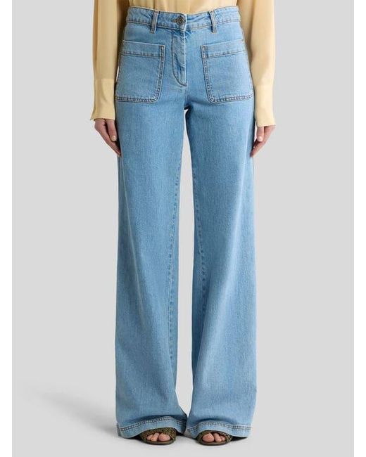 Etro Blue Flared Stretch Cotton Denim Jeans With Embroidered Logo