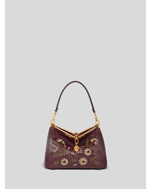 Etro Purple Medium Leather Vela Bag With Threading And Floral Motif