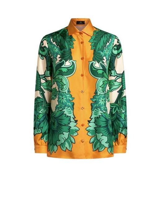 Etro Green Hemdbluse Aus Seide Mit Platziertem Floralem Druck, Damen, Größe