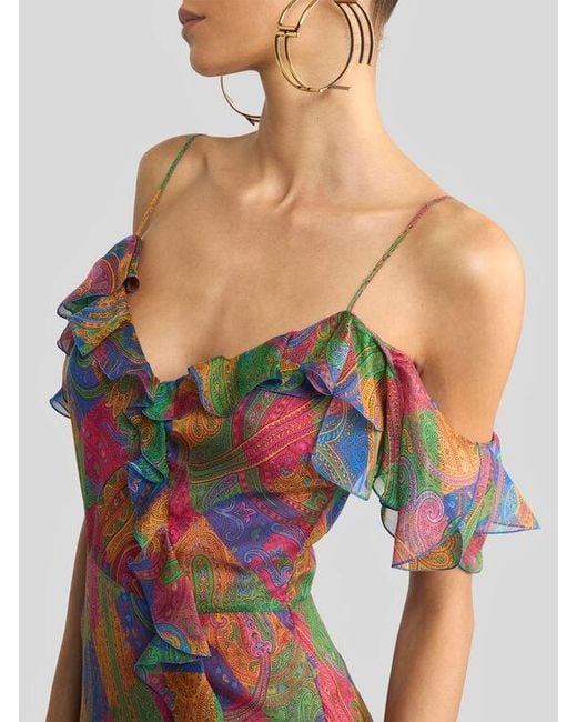 Etro White Silk Long Dress With Ruffles And Geometric Paisley Motif