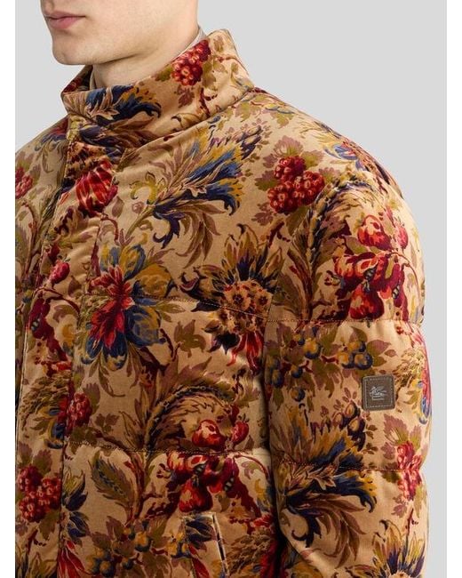 Etro Brown Cotton Velvet Down Jacket With Floral Print for men