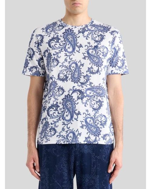 Etro Blue Cotton T-Shirt With Leafy Paisley Motif for men