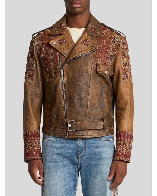 Etro Brown Leather Biker Jacket With Embroidery for men