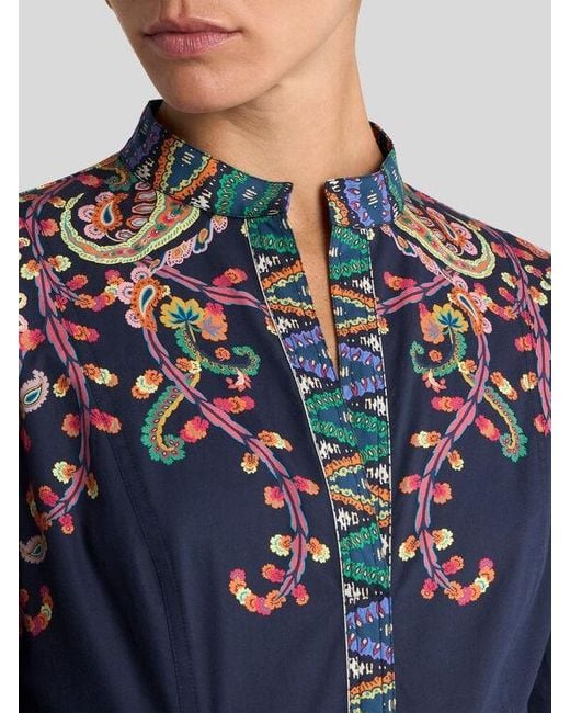 Etro Blue Long Cotton Dress With Placed Floral Paisley Print