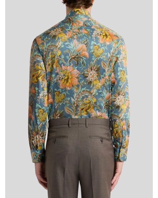 Etro Green Cotton Satin Shirt With Floral Motif for men