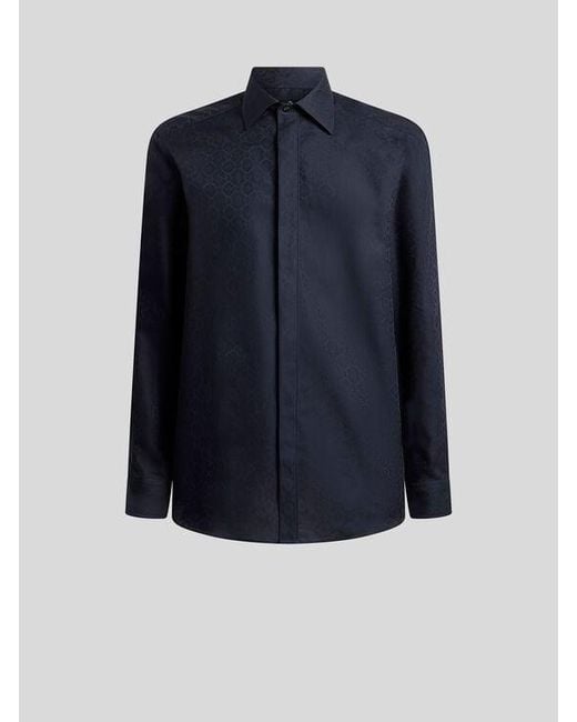 Etro Blue Cotton Jacquard Shirt With Medallion Motif for men