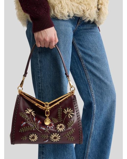 Etro Purple Medium Leather Vela Bag With Threading And Floral Motif