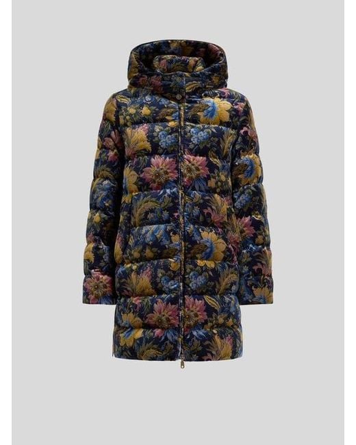 Etro Black Cotton Velvet Down Jacket With Hood And Floral Overprint